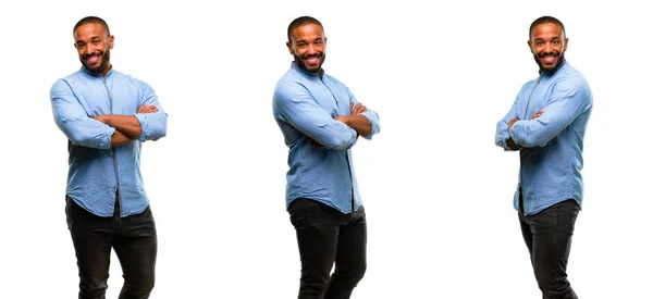 African American Man Beard Crossed Arms Confident Happy Big Natural — Stock Photo, Image