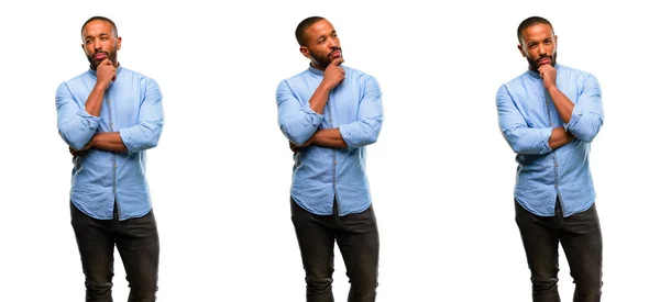 African American Man Met Baard Twijfel Expressie Verwarren Vraag Concept — Stockfoto