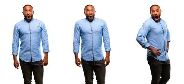 Američan Afričana Muž Plnovousem Šťastný Překvapení Fandění Exprimují Wow Gesto — Stock fotografie