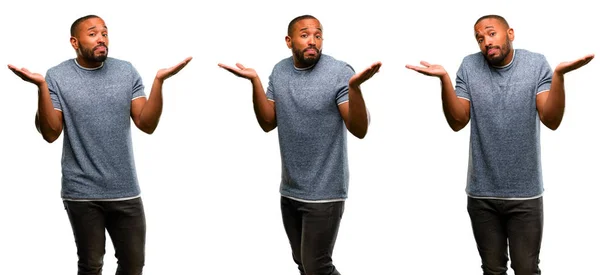 Hombre Afroamericano Con Expresión Duda Barba Concepto Confuso Maravilloso Futuro —  Fotos de Stock