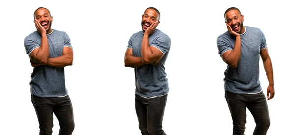 African American Man Beard Happy Surprised Cheering Expressing Wow Gesture — Stock Photo, Image