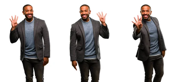 African American Man Beard Raising Finger Number Four — Stock Photo, Image