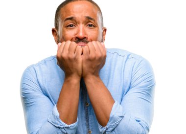 African american man with beard terrified and nervous expressing anxiety and panic gesture, overwhelmed isolated over white background clipart