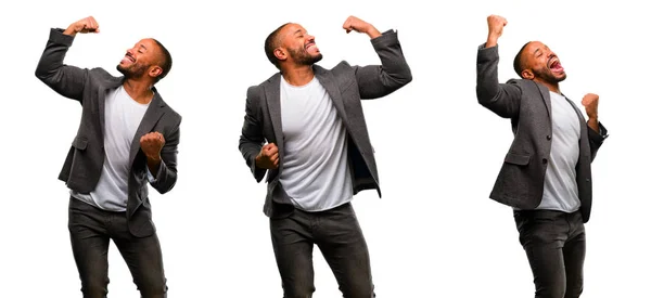 Афроамериканців Людини Борода Щасливий Схвильований Святкування Перемоги Висловлюючи Великий Успіх — стокове фото