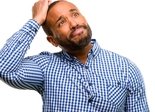 African American Man Met Baard Twijfel Expressie Verwarren Vraag Concept — Stockfoto