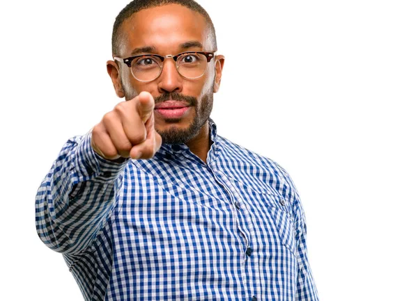 Hombre Afroamericano Con Barba Apuntando Frente Con Dedo Aislado Sobre — Foto de Stock