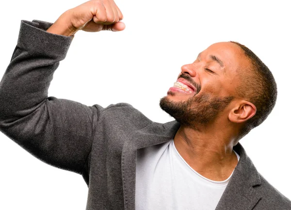 Homem Afro Americano Com Barba Feliz Animado Celebrando Vitória Expressando — Fotografia de Stock
