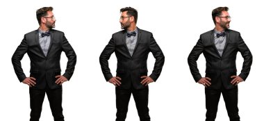 Orta yaş adamla yan görünüm portre sakal ve papyon