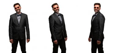 Orta yaş adam, sakal ve papyon kendinden emin ve mutlu bir büyük doğal ile smile gülüyor