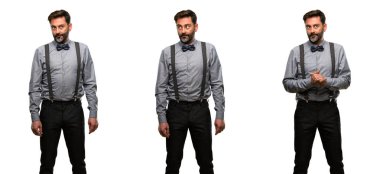 Orta yaş adam, sakal ve papyon şüphe ifade, şaşırtmak ve kavramı, belirsiz gelecek merak ediyorum