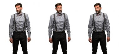 Orta yaş adam, sakal ve papyon şüphe ifade, şaşırtmak ve kavramı, belirsiz gelecek merak ediyorum