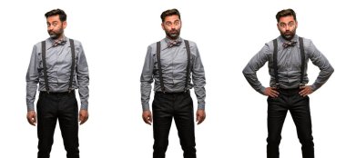 Orta yaş adam, sakal ve papyon yanakları şişirme yüz komik yapma eğleniyor