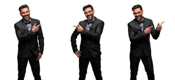 Middle Age Man Beard Bow Tie Pointing Away Side Finger — Stock Photo, Image