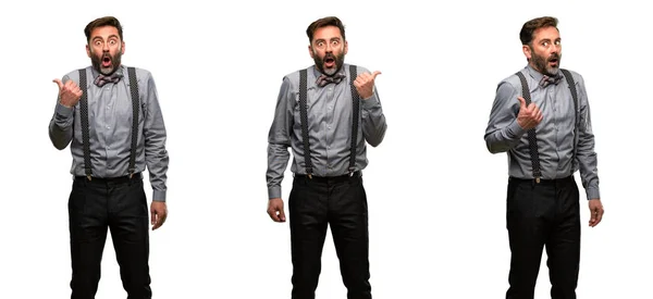 Middle Age Man Beard Bow Tie Happy Surprised Cheering Expressing — Stock Photo, Image