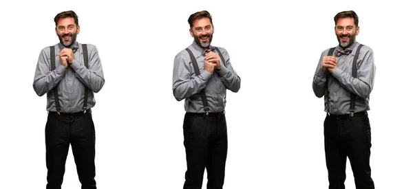 Homem Meia Idade Com Barba Gravata Borboleta Confiante Feliz Com — Fotografia de Stock