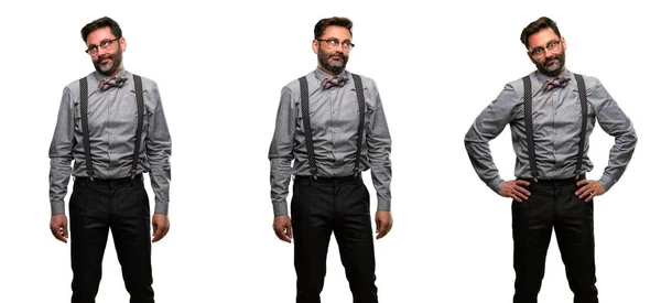 Hombre Mediana Edad Con Barba Pajarita Haciendo Bromas Divertidas —  Fotos de Stock