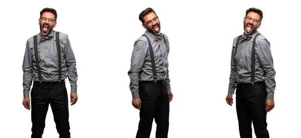 Middle Age Man Beard Bow Tie Sticking Out Tongue Camera — Stock Photo, Image