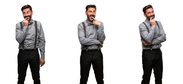 Homem Meia Idade Com Barba Gravata Borboleta Confiante Feliz Com — Fotografia de Stock