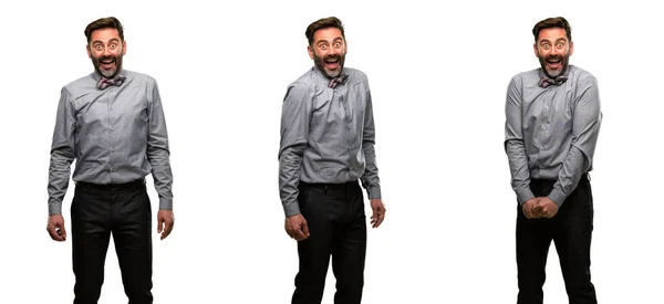 Чоловік Середнього Віку Бородою Краваткою Впевнений Щасливий Великою Божевільною Посмішкою — стокове фото