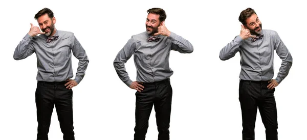 Middle Age Man Beard Bow Tie Happy Excited Making Showing — Stock Photo, Image