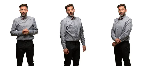 Middle Age Man Beard Bow Tie Confident Happy Big Natural — Stock Photo, Image