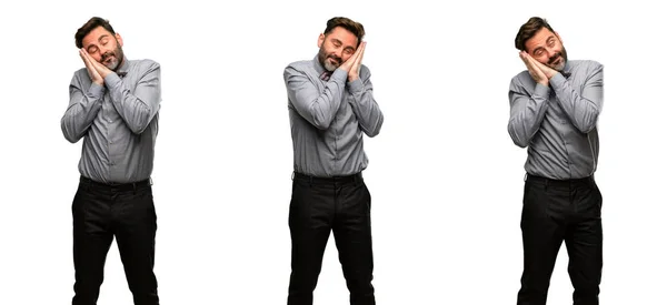 Hombre Mediana Edad Con Barba Pajarita Cansadas Aburridas Cansadas Por —  Fotos de Stock