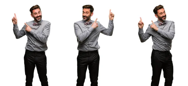 Middle Age Man Beard Bow Tie Pointing Away Side Fingers — Stock Photo, Image
