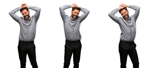 Homem Meia Idade Com Barba Gravata Borboleta Confiante Feliz Com — Fotografia de Stock