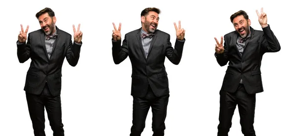 Middle Age Man Beard Bow Tie Happy Excited Expressing Winning — Stock Photo, Image