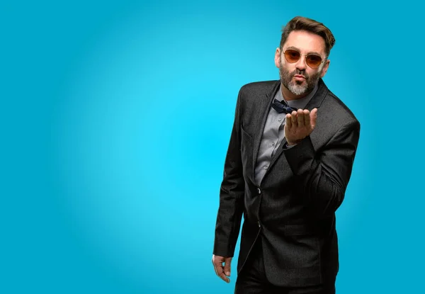 Middle Age Man Beard Bow Tie Expressing Love Blows Kiss — Stock Photo, Image