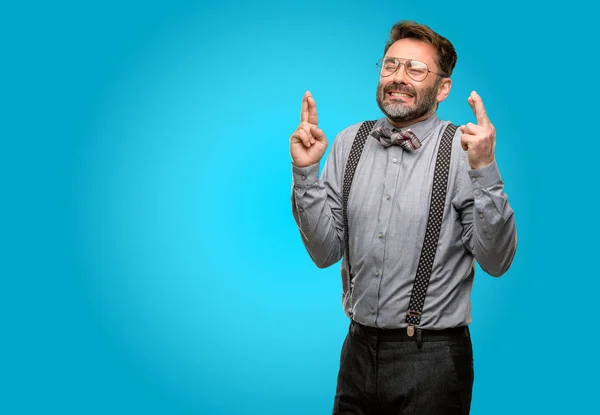Middle Age Man Beard Bow Tie Crossed Fingers Asking Good — Stock Photo, Image
