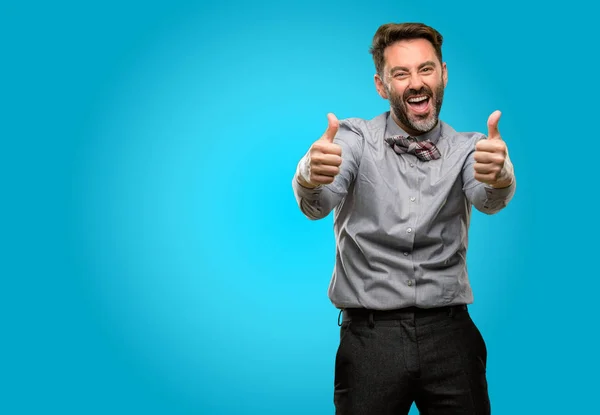 Middle Age Man Beard Bow Tie Stand Happy Positive Thumbs — Stock Photo, Image