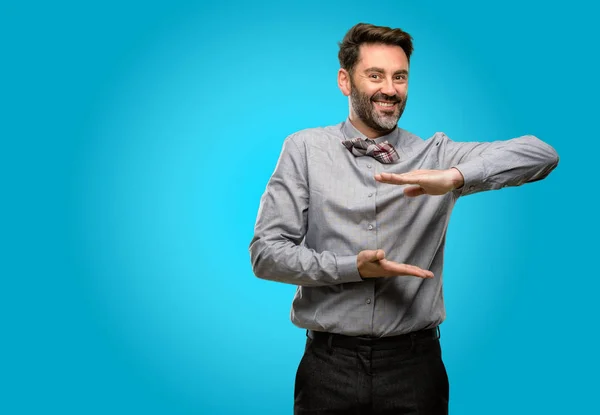 Middle Age Man Beard Bow Tie Holding Something Size Concept — Stock Photo, Image