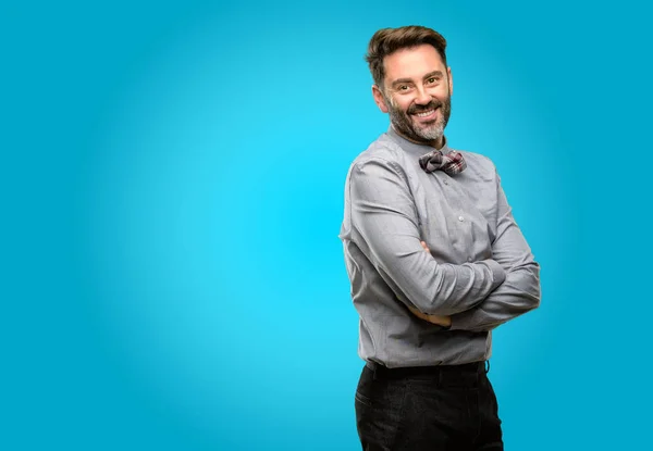 Middle Age Man Beard Bow Tie Crossed Arms Confident Happy — Stock Photo, Image