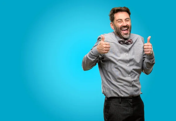 Middle Age Man Beard Bow Tie Smiling Broadly Showing Thumbs — Stock Photo, Image