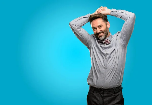 Homem Meia Idade Com Barba Gravata Borboleta Confiante Feliz Com — Fotografia de Stock