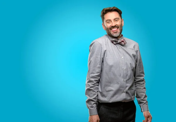 Middle Age Man Beard Bow Tie Sticking Out Tongue Camera — Stock Photo, Image