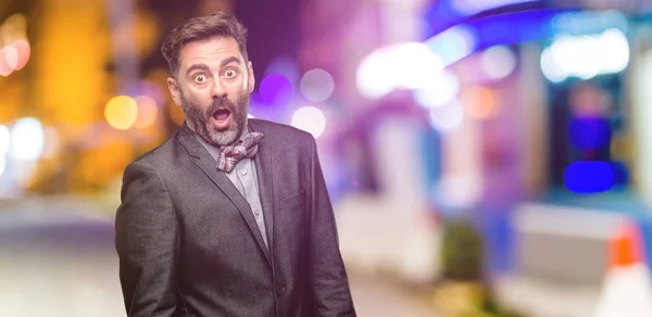 Middle Age Man Beard Bow Tie Happy Surprised Cheering Expressing — Stock Photo, Image