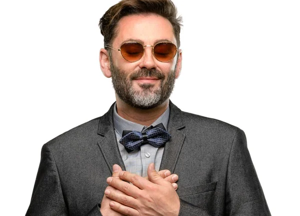 Middle Age Man Beard Bow Tie Hands Heart Expressing Love — Stock Photo, Image