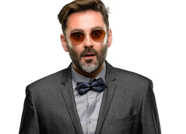 Middle Age Man Beard Bow Tie Scared Shock Expressing Panic — Stock Photo, Image