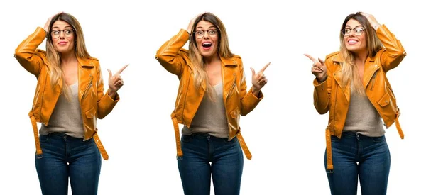 Beautiful Young Woman Pointing Away Side His Finger White Background — Stock Photo, Image