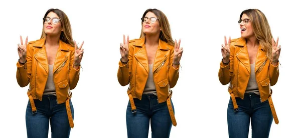 Beautiful Young Woman Happy Excited Expressing Winning Gesture Successful Celebrating — Stock Photo, Image