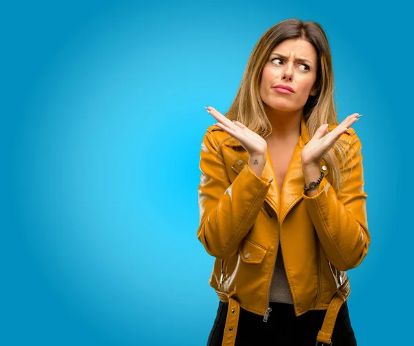 Beautiful Young Woman Happy Surprised Cheering Expressing Wow Gesture Blue — Stock Photo, Image