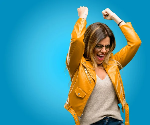 Beautiful Young Woman Happy Excited Expressing Winning Gesture Successful Celebrating — Stock Photo, Image