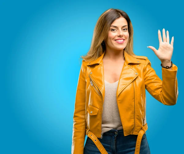 Beautiful Young Woman Raising His Finger Number Five Blue Background — Stock Photo, Image