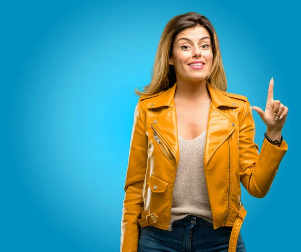 Beautiful Young Woman Pointing Away Side Finger Blue Background — Stock Photo, Image