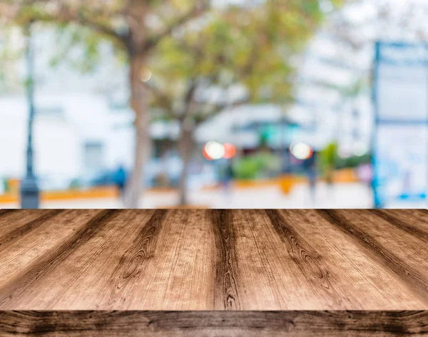 Table Bois Vide Devant Fond Flou Peut Être Utilisé Pour — Photo