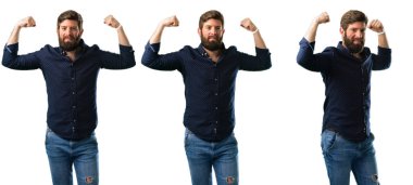 Beyaz arka plan üzerinde izole onun iyi ifade gücü ve spor salonu konsept, sağlıklı yaşam pazı gösterilen sakallı genç adam