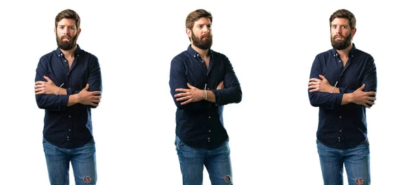 Young Man Beard Nervous Scared Biting Lips Looking Camera Impatient — Stock Photo, Image