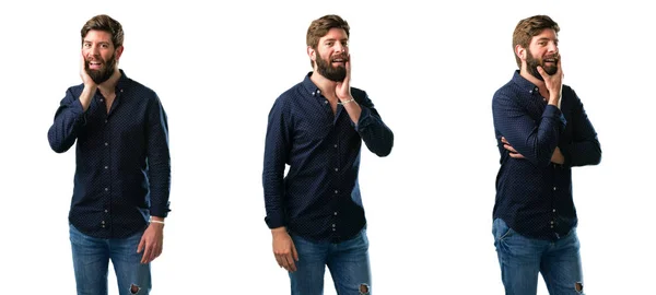 Jonge Man Met Baard Blij Verrast Juichen Waarin Wow Gebaar — Stockfoto